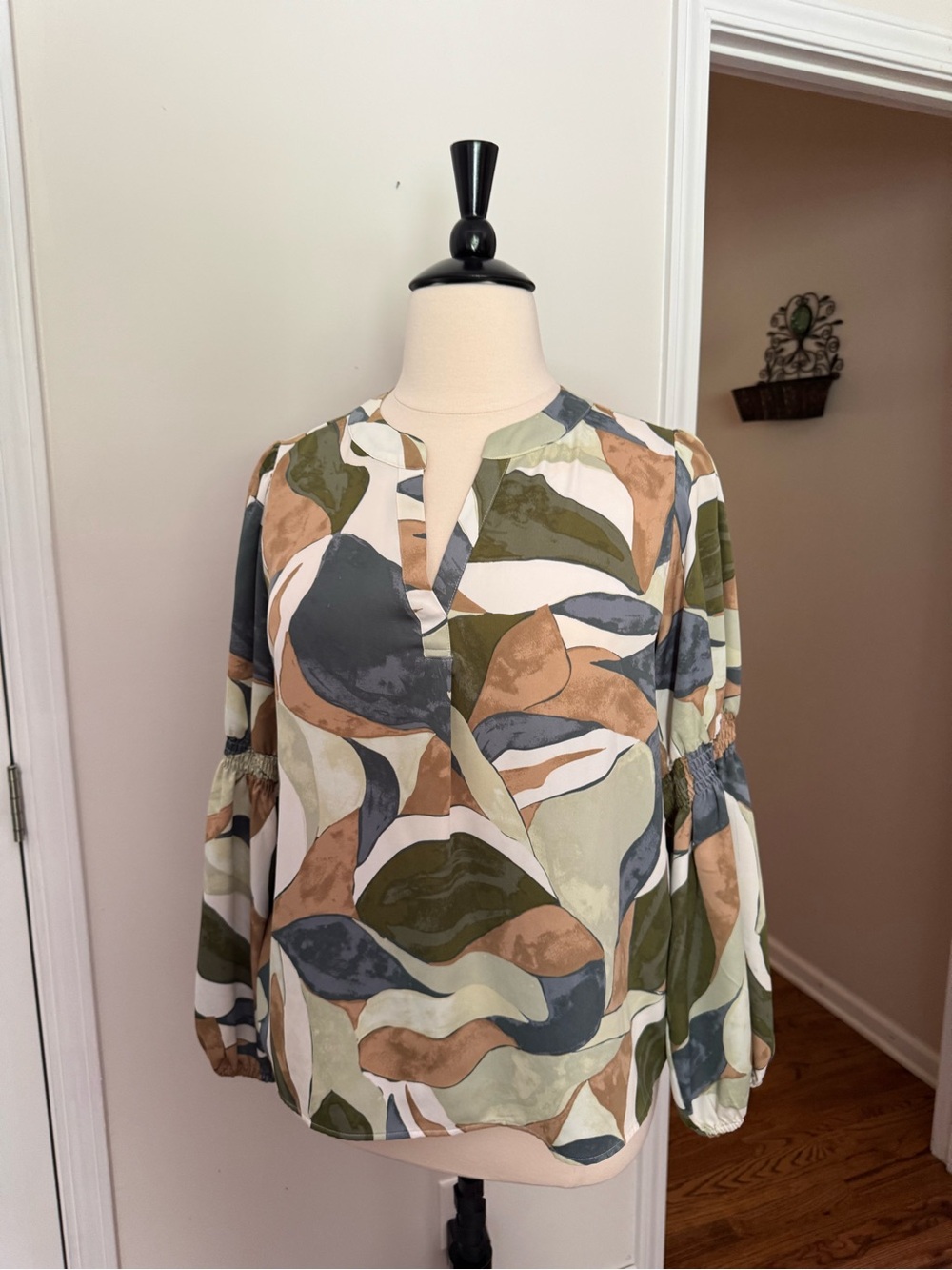 Nine West Abstract Print V-Neck Blouse in Olive, Cream & Tan